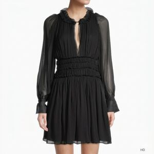 Rebecca Taylor Silk Chiffon Ruffled Long Sleeve Dress Size 0 Black NWT Defect